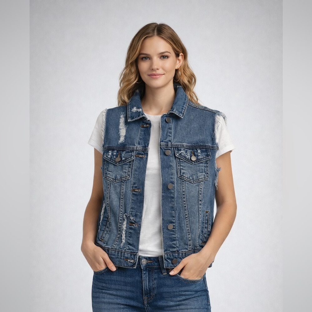Sleeveless, distressed jean vest - Picture 1 of 5